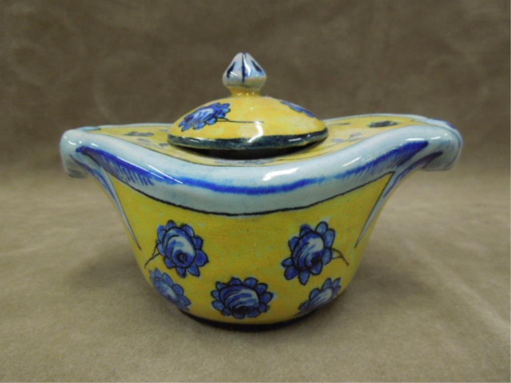 Italian Faience - Pottery Inkwell: Italian Faince - Pottery Inkwell, hand painted floral & scenic cartouche design, marked on bottom "Moloba Purcoro Machim"? Italy, 5" x 3" x 3 1/4", early 20th c. CONDITION: 3/16" chip on rim of well (