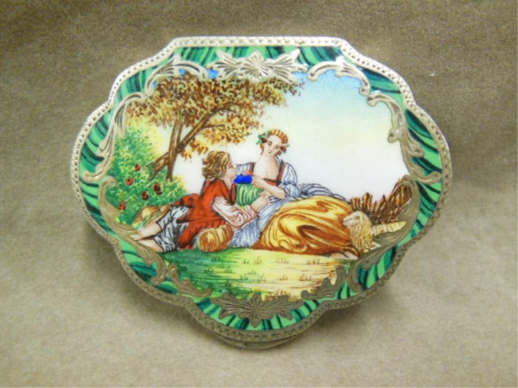 Enameled Silver Compact: Enameled silver compact, gold washed 800 silver; hinged lid with hand painted enamel figural courting scene & floral chase design, interior beveled mirror. CONDITION: Minor wear from age, enamel good.