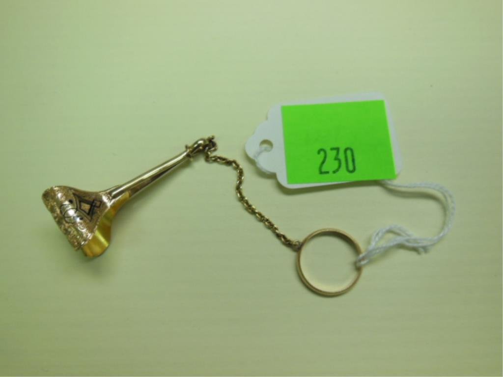 Victorian Gold Handkerchief Holder: Victorian gold handkerchief holder, chaised tested 14k engraved & taille d' epargne enameling, chain & finger ring, circle loop to allow opening of tongs. With note given to family member about 1870,