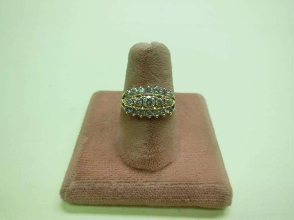 14k YG Diamond Ring: 14k yg diamond ring, three rows round diamonds approx 1/2 ct TW. size 6 34. 1.5 DWT [23] [5] CONDITION: Very fine.