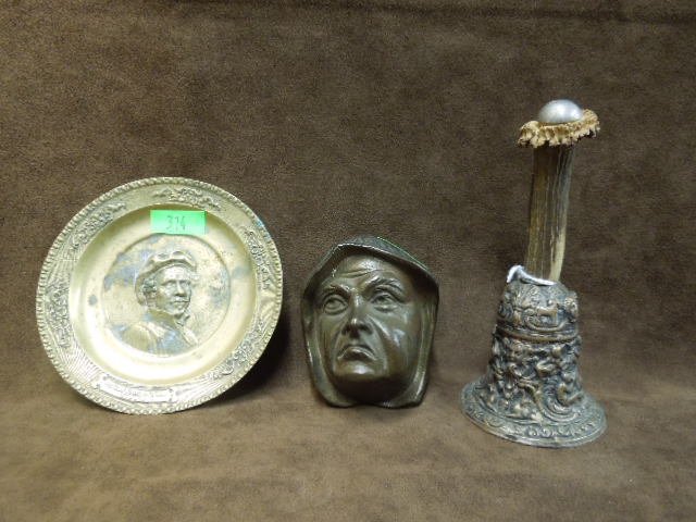 (3) Bronze pieces: (3) Bronze pieces, mask, bell and plate; includes; bronze figural relief 6" cast bell depicting dogs, swans, masks, reclining figures, etc, with stag handle & sterling silver knob, silver overlay on i