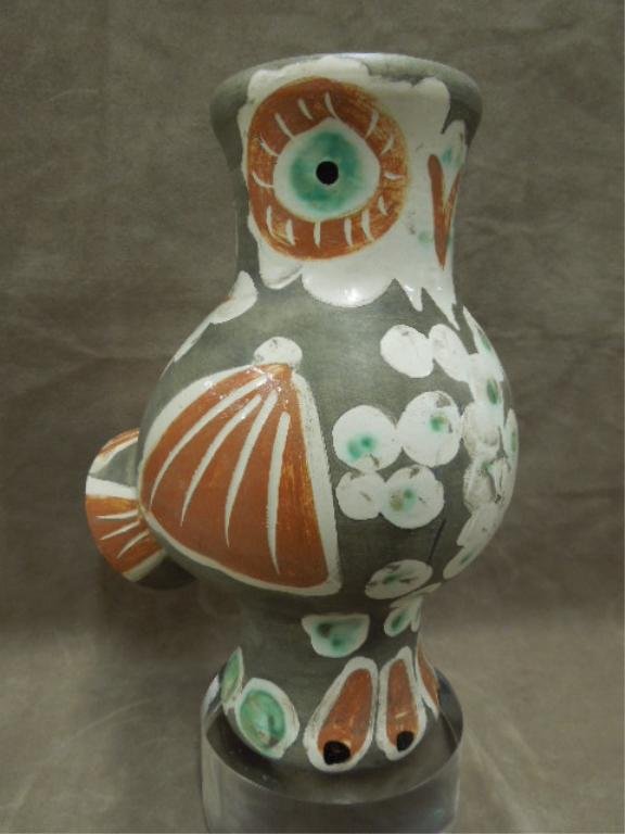 Picasso/Madoura Vase "Wood-Owl", 1968: Pablo Picasso 11 1/2" terre de faience vase, "Wood-Owl", 1968, partially glazed polychrome. Incised "Edition Picasso [251/500] Madoura", and with Picasso and Madoura medallions. [with custom lucite st