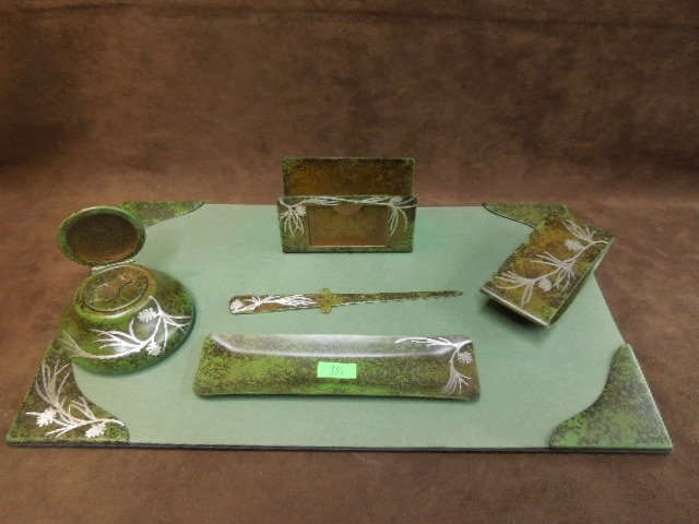 Heintz Arts and Crafts Desk Set: Arts and Crafts desk set, Heintz Art Metal Shop, sterling on bronze 6 pc desk set including inkwell, blotter, letter holder, letter opener, pen tray and 11" x 20" desk pad. CONDITION: Like new, very m