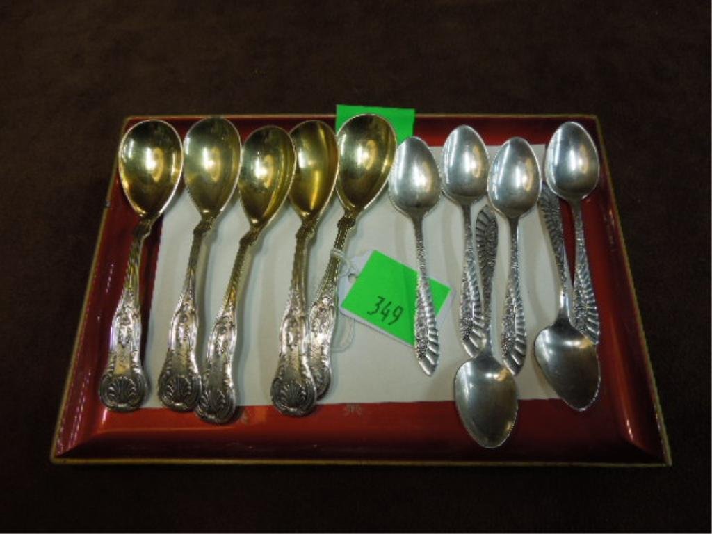 11 Sterling Demitasse Spoons: 11 Sterling spoons (#9) 6-Demitasse by Towle - has ragged edge. 5-Coffee by George Sharp for Bailey and Co. Condition; see condition above for demitasse, others good 3.75oz.