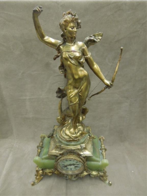 J. Marti, France, Figural Mantel Clock: J. Marti, France, figural mantel clock, green onyx with gilt spelter metal female figure (signed "Nabeau"?), deer masks & acanthus feet; porcelain dial with time & strike movement; c. 1889, H 24 7/8, 