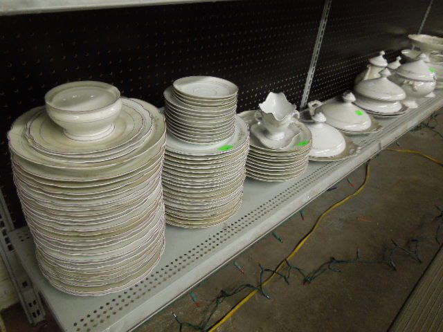 Old Paris Partial Dinner Service 84 pcs: [84 pcs] Old Paris Porcelain partial dinner service, hand painted polychrome line and medallion motif (purple; black; gilt; red), late 19th c. [Inventory and condition below:] [1] (43) Dinner plates (