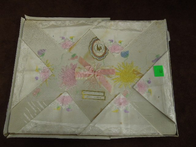 Irish Linen Table Cloth & Napkins Set: Irish linen table cloth & napkins set, vintage never used, hand painted in floral design, 52" x 75" with 6 napkins, c 1930-50. CONDITION: Tape mark discoloration on areas of cloth.