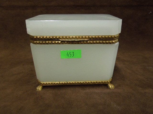 Opaline Jewelry Casket: Opaline jewelry casket, hinged lid, mounted on brass stand (four paw feet), 3 1/4" x 5 1/4" x 4 3/4" height. CONDITION: Minor wear to brass & opaline.
