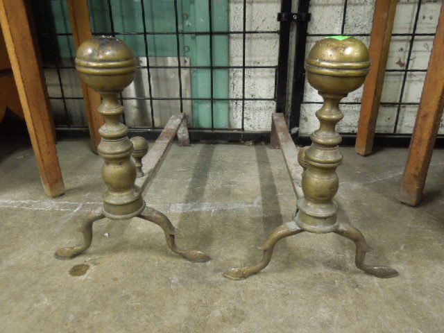 Late 18th C. Andirons: Late 18th C. andirons, brass ball form with padded snake feet, height 13". CONDITION: Wear, especially to top finial balls (some dents) from age.