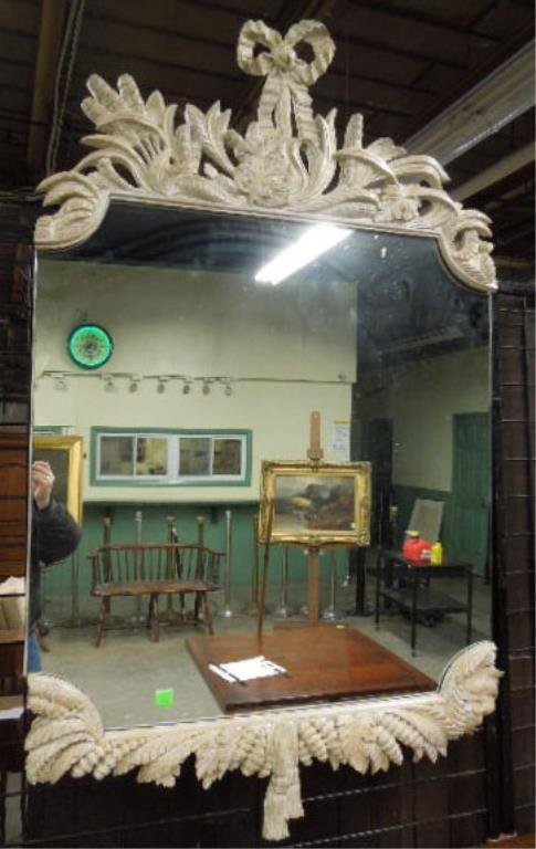 Decorator Wall Mirror: Decorator wall mirror, lined & carved wood crest & base depicting ribbon, foliate & acorns, late 20th C., 38" x 64". CONDITION: Very good.