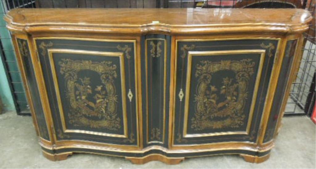 Heritage Japanned Credenza: Heritage Japanned credenza, mahogany & stenciled black lacquer with gold trim; serpentine front with double front doors & interior drawers, side doors, late 20th C., 76" x 21 1/2" x 35 1/2". CONDITION