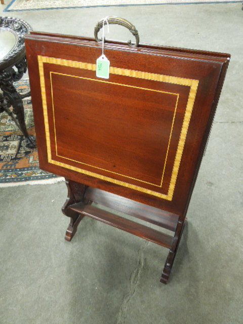 Mahogany Portfolio Stand: Inlaid mahogany portfolio stand, 20th C., 32"h (max. to include handle) 17 1/2"w CONDITION: Minor & sporadic rubbing to surfaces.