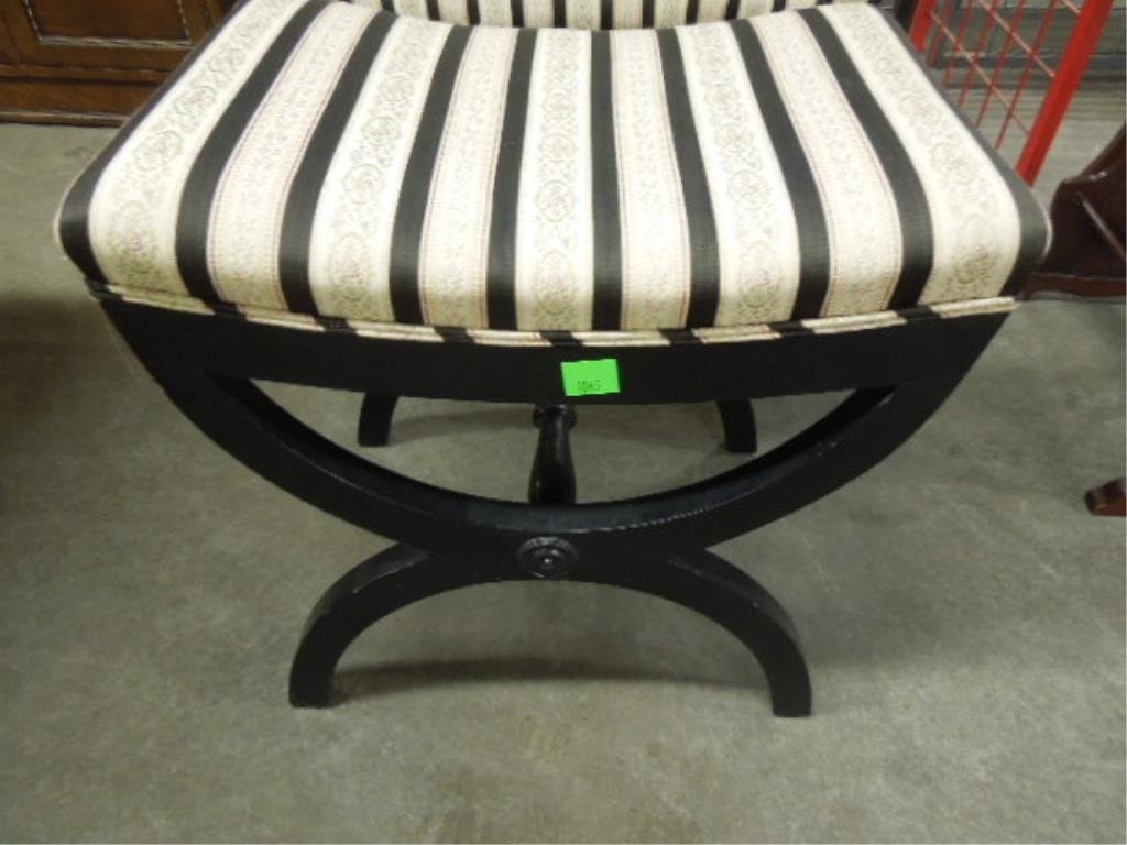 Regency-Style Stool: Decorator Regency-style ebonized wood, curule base stool, 20th C. CONDITION: very minor wear from age