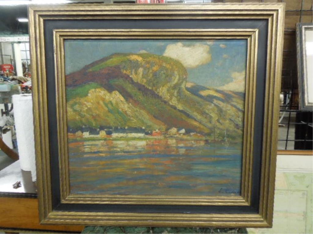 E. Kaseep (?) o/b, Fjord Landscape: E. Kaseep(?), signed, oil on board, Fjord Landscape. 20"h x 21 3/4"w [frame]. CONDITION: Two very light vertical abrasions to paint surface toward right edge.