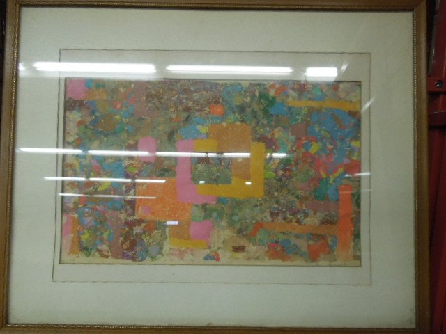 Leo Russell, o/p, Abstract: Leo Russell, signed and dated, "4-59", oil on paper, Abstract. 16 3/4"h x 20 5/8"w [frame]. CONDITION: Not examined out of frame; no evident issues.