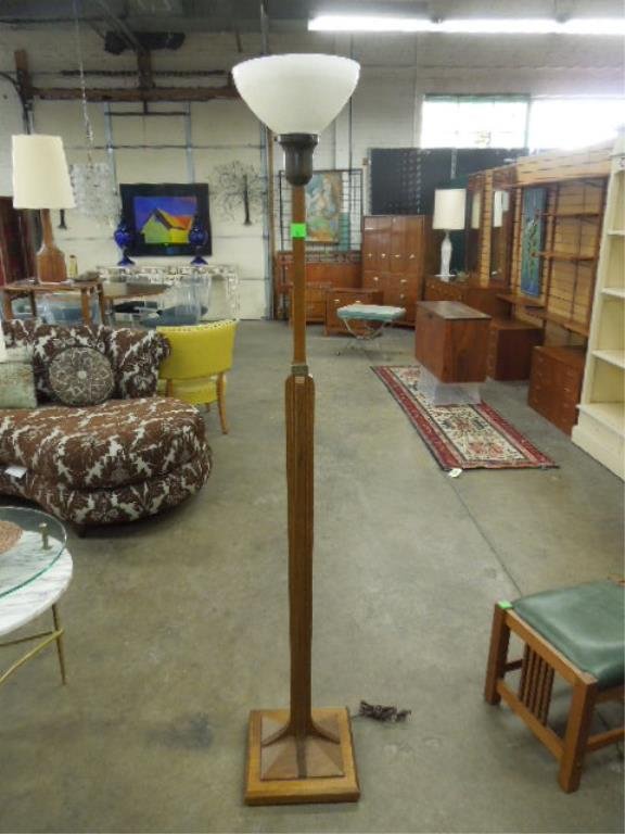 Stickley # 35 Floor Lamp: Stickley # 35 floor lamp, oak, with hammered brass fitting, c 2000, height to brass shade support 65 ". CONDITION: Replaced glass shade.
