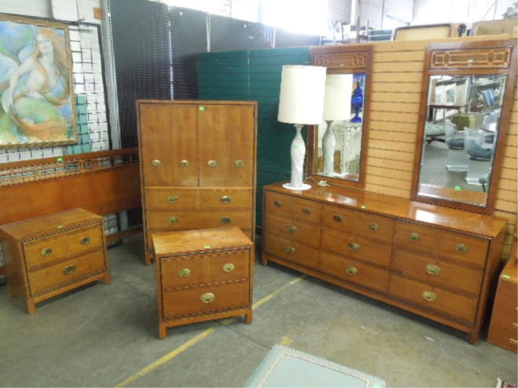 Hickory Furn Co. 7 Pc Bedroom Set: Hickory Furniture Co., seven piece bedroom set, banded mahogany & knotty pine, modified campaign style includes: triple dresser, two beveled mirrors, two night stands with pull out trays, chifferobe &