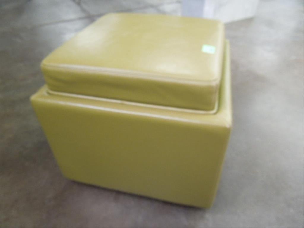 Contemporary Ottoman: Contemporary ottoman, avocado green leather on casters, lift off seat with storage beneath, late 20th c. 18” x 18” x 17”. CONDITION: Little wear.