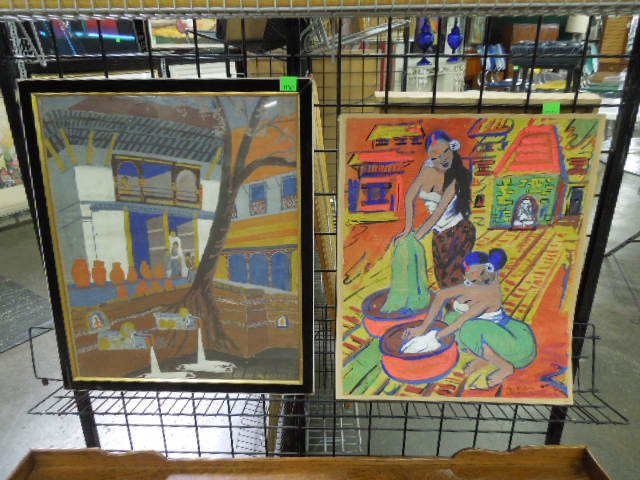 2 Edna Bellefontaine, Gouache, Nepalesc Subjects: Two Edna Bellefontaine, signed & located (one: "Katmandu", the other: "Napal"), gouache on rice paper, "Women of Katmandu, Nepal" (no date); Katmandu Courtyard (dated [19]49). ["Women", mounted on sti