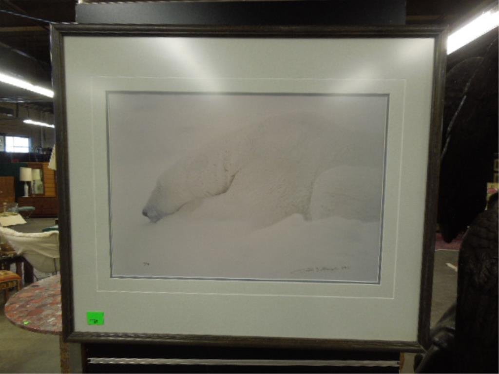 Thomas Mangelsen, photo print, Polar Bear: Thomas D. Mangelsen, 1989, signed and dated, photo graphic print [120/950], Polar Bear. 23"h x 27 1/2"w [frame]. CONDITION: Not examined out of frame; no evident issues.