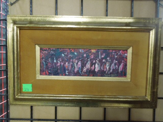 Pascal Cucaro o/m, Figural Abstract: [Pascal] Cucaro, signed, oil on masonite, figural abstract. 12h x 20w [frame] CONDITION: No issues identified.