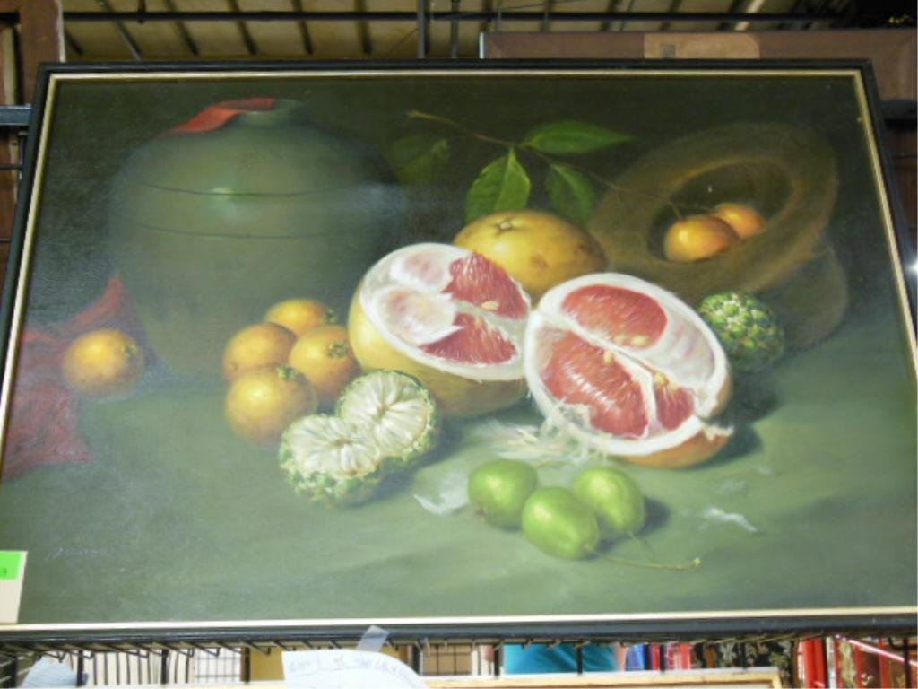 o/c Still Life w/ Citrus and Pears: signed indistinctly, oil on canvas, contemporary still life with earthenware bowl, citrus and pears, 25 1/2"h x 37"w [frame] Condition: No issues identified.