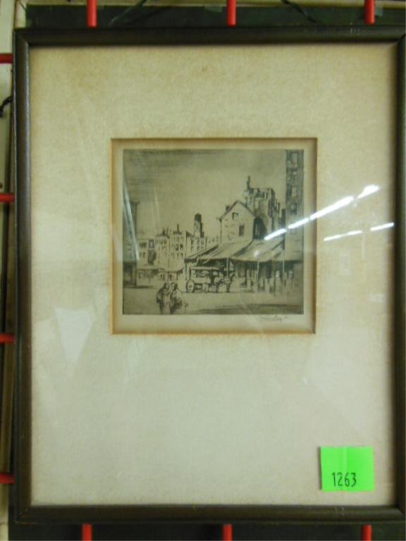 Earl Horter, etching, Dock Street: E[arl] Horter, signed in graphite within margin, etching, Dock Street [Philadelphia]. 11 1/2"h x 9 1/2"w [frame]. CONDITION: Not examined out of frame; moderate toning throughout.