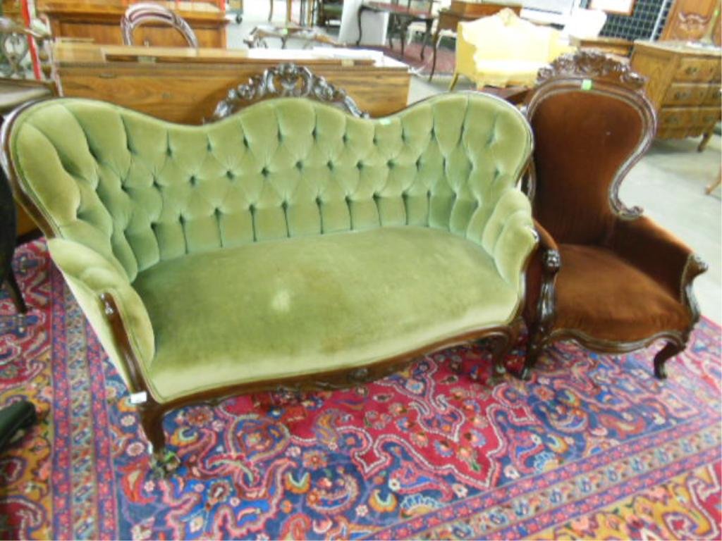 Rococo Revival 3pc Living Room Set: Rococo Revival three piece living room set, walnut, rose & scroll carved crests, cabriole legs, includes: love seat, lady's arm chair & an unmatching hoop back side chair, late 19th C. CONDITION: Norm