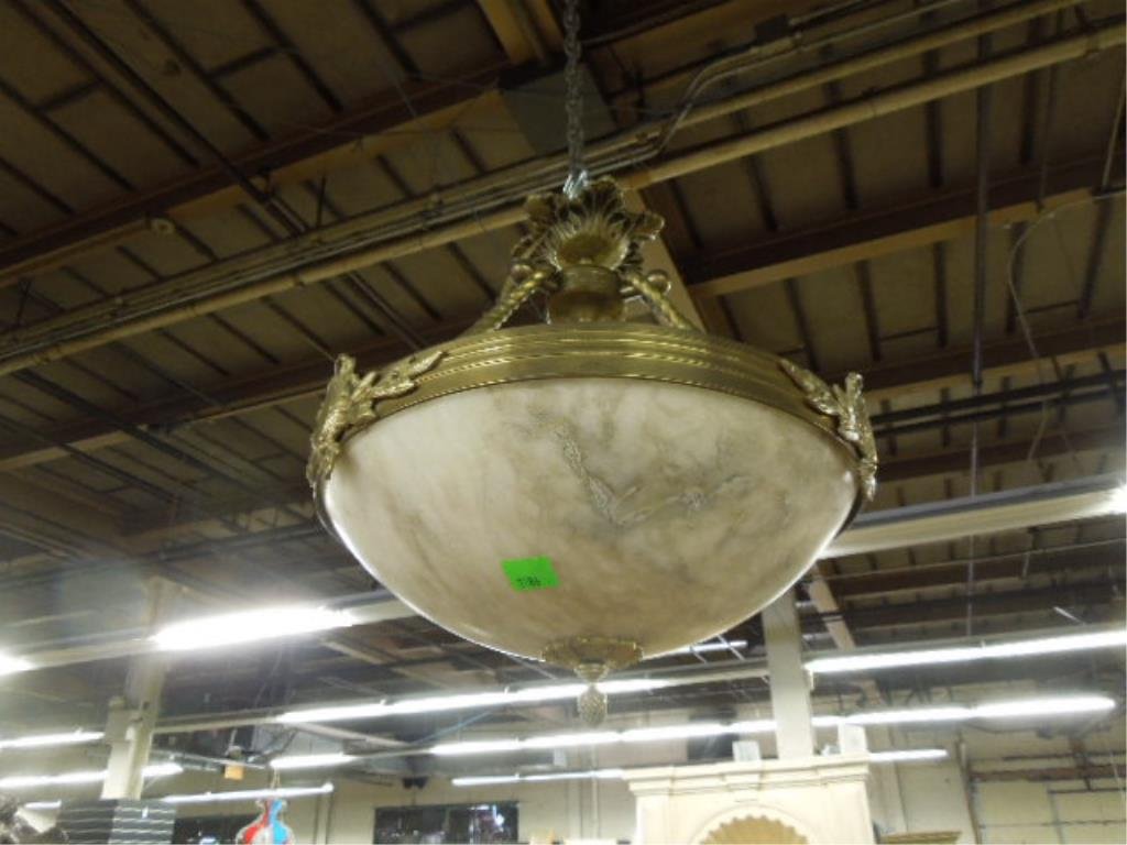 Chandelier, Alabaster Dome in Brass Frame: Chandelier, alabaster dome in brass frame with Neo Classical medallions & rope twist rod supports, early 20th C., diameter 16" , height 16". CONDITION: Normal wear.