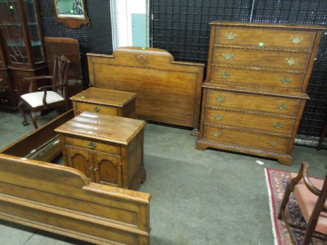 Hickory-White Bedroom Set: Hickory - white bedroom set, Chippendale style, distressed honey finished hardwood; included: chest on chest, two night stands, full size bed, late 20th C. CONDITION: Normal wear for age.