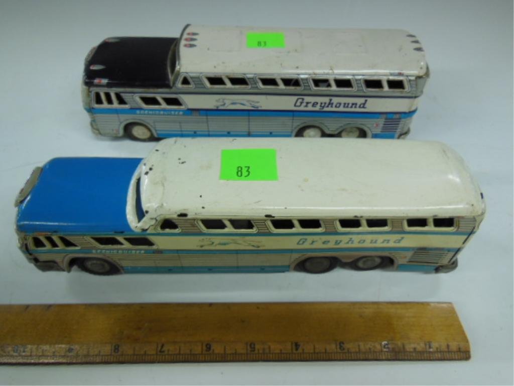 Pair of Japanese Tin Friction Greyhound Buses: Pair of Japanese Tin Friction Greyhound Scenic Cruiser Buses. CONDITION: Fair, some paint loss & minor dents.