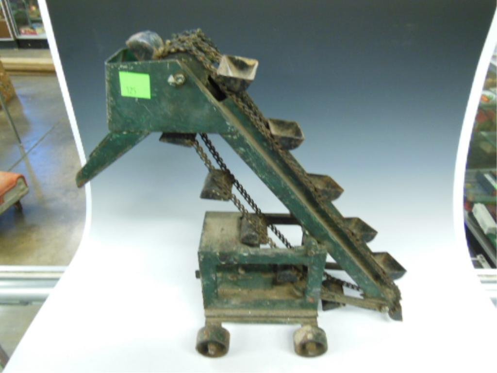 Steel Bucket Loader Quarry Toy: Vintage steel bucket loader quarry toy. CONDITION: Fair, repainted, shows lots of wear, chipped rear wheel, missing turning wheel.