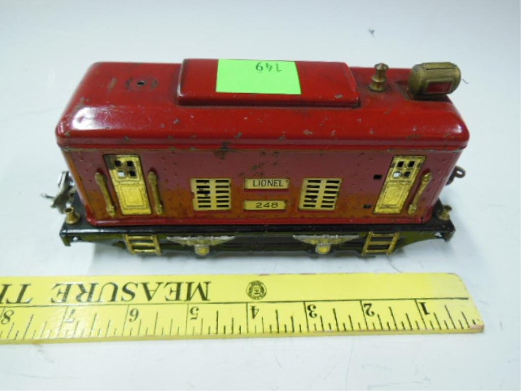 Lionel #248 Pressed Steel Electric Locomotive: Vintage Lionel #248 pressed steel electric locomotive. CONDITION: Fair, used, some paint loss, broken light.