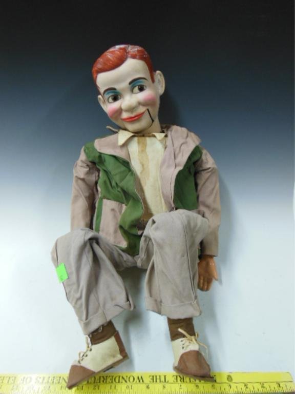 Winchell's Jerry Mahoney Dummy: Paul Winchell's Jerry Mahoney ventriloquist dummy with original box. CONDITION: Fair, some discoloration, staining, dried out shoes, some small holes in clothes.