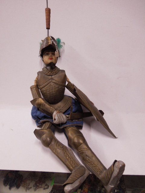 Wood & Tin Spanish Knight Marionette: Vintage wood & tin Spanish knight marionette, circa 1920's, 26" tall. CONDITION: Shows wear, loose armor.