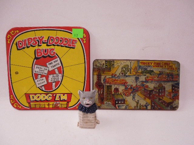 Toys-Dipsy Doodle Bug-Tricky Fire Chief-Cat Tin: Lot of three vintage toys: includes: Dipsy Doodle but tin game board by Marx, Tricky Fire Chief...Where's The Fire? Tin (possibly spinner?) & Cat In The Bag Toy. CONDITION: Fair, used.