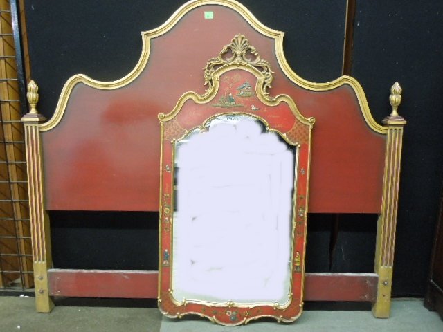 Cloisonne Wall Mirror: Cloisonne wall mirror & headboard, Queen Anne style mirror with scroll & shelf carved & reticulated crest, both with red field & gilt borders, mirror with figural, flower & butterfly cloisonne, mid 20