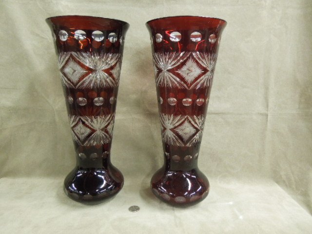 Pr Ruby cut to clear glass vases: Pr Ruby cut to clear glass vases, with thumb print, wheat sheath & diamond patterns, hgt 16", early to mid 20th c. CONDITION: No issues noted.