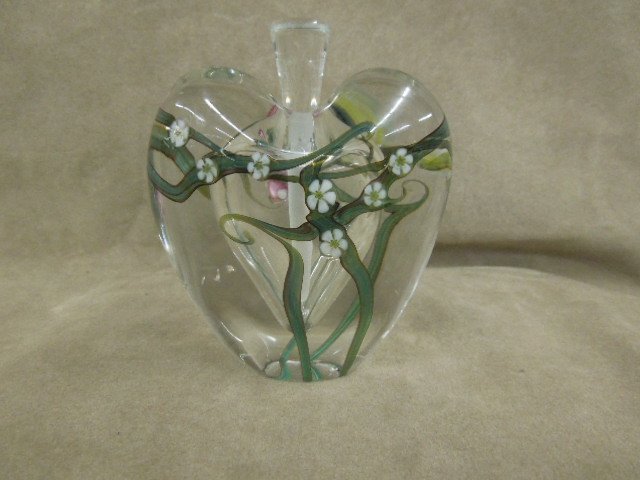 Lalique Studios Perfume Bottle: Lalique Studios crystal perfume bottle heart form, hand painted floral design front and back, with tee form clear crystal stopper, ground end, Lalique Studios gm, 3. 1989 HHPKC 938, signed and marked 