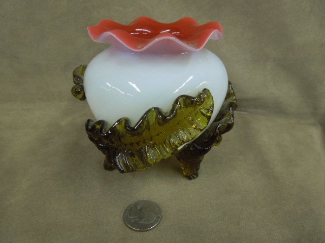 Stevens & Williams Art Glass Rose Bowl: Stevens & Williams Art Glass Rose Bowl, hand blown opaline to cranberry with avocado green glass leaves & feet, late 19th c. H 4 1/4", D 5". CONDITION: No issues noted.