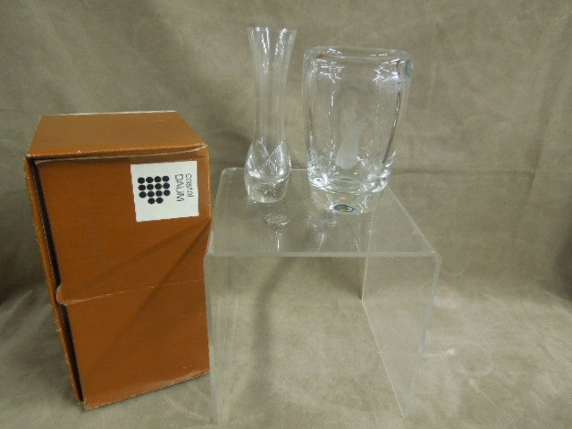 Two Crystal Vases: Two crystal vases, includes: Daum France 6 1/2" bud vase & an Orrefors figural etched 6" vase, mid to late 20th c. CONDITION: No issues noted.