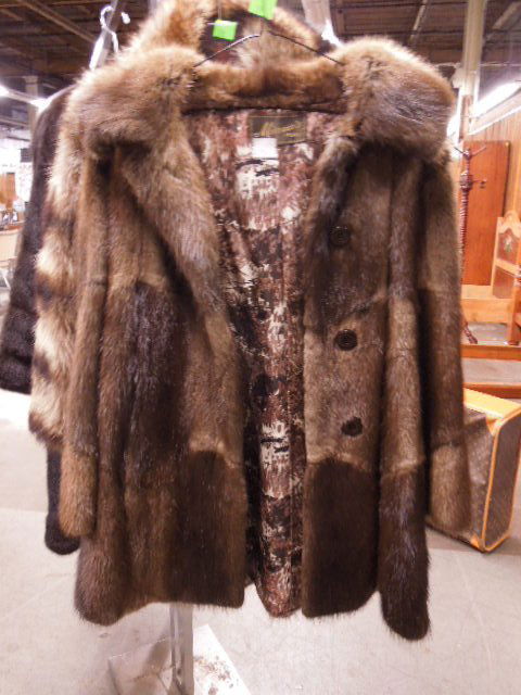 2 Toned Mink Jacket w/Hood: Two toned mink jacket with hood, from Mirrow's furs; silk landscape printed liner, four large buttons. 18" shoulders 32" length CONDITION: No issues identified.