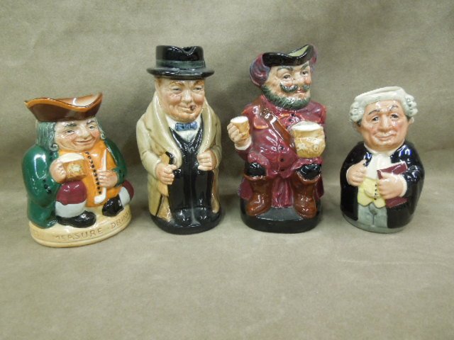 4 Royal Doulton Character Pitchers: Four Royal Doulton character pitchers including: one Winston Churchill, 5 1/2" h; one sir John Falstaff, 5 1/2" h; one Honest Measure, 4 1/8"; & Mr. Litigate (the Lawyer)-from The Doultonville Collect