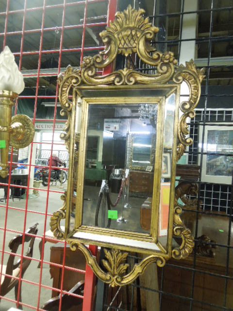 Rococo-style Giltwood Wall Mirror: Small-scale Rococo-style giltwood wall mirror with glass frame panels, 20th C. 35 3/4" = h CONDITION: No issues identified.