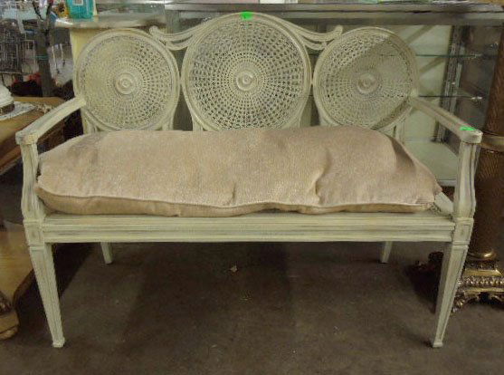 Regency-style Settee: Regency-style three-place settee, stressed white-painted frame with caned back & seat, custom cushion, late 20th C. 37 1/2"= h 47 1/2" l CONDITION: No issues identified.