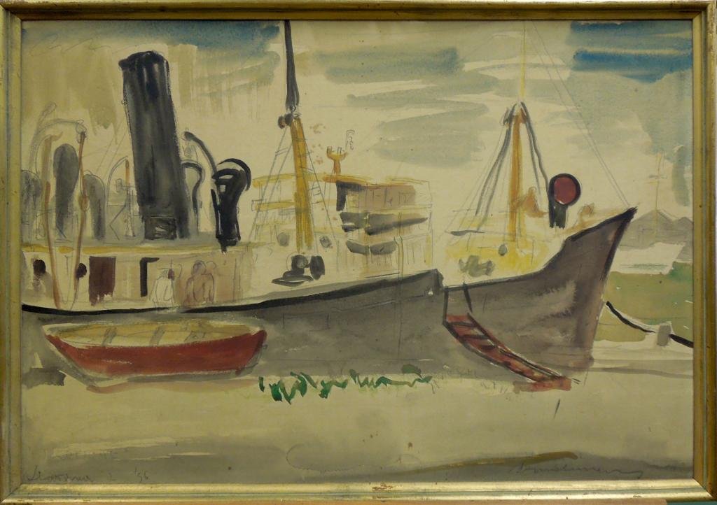 L. Bemelmans, w/c, "Habana Tramp Steamer": [Ludwig] Bemelmans, signed, and dated [19]56, watercolor over graphite on Whatman board, "Habana Tramp Steamer" [alternate title in graphite recto, in artist's hand: "Tropical/Havana/2/ '56"] [Hammer 