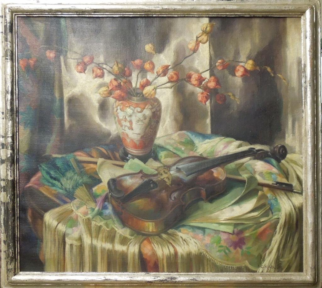 F.C. Kirk, o/c, Still Life w/Violin & Japanese Lanterns: A[rand] C[ohen] Kirk, signed, oil on canvas, still life with violin & Japanese Lanterns. [original hand-hammered silver leaf frame] [Paint inscription verso: "Jan. 4 46 (?) F.c. Kirk N.Y.c. / F.C. Kir