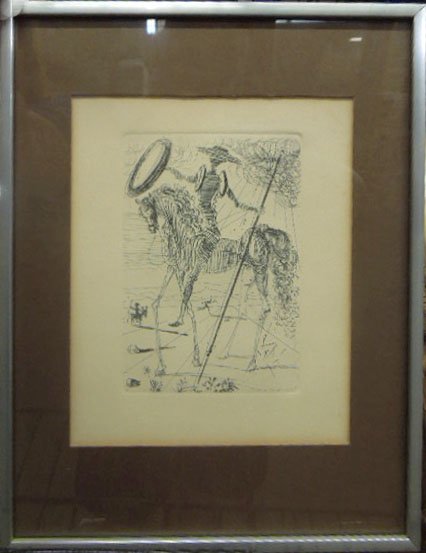 Dali, etching, Don Quixote: Salvador Dali, etching, "Don Quixote" [The Collector's Guild Ltd. Authentication label verso]. 9"h x 7 1/2"w=[image-sight]; 14"h x 11"w=[frame]. CONDITION: Not examined out of frame; moderate toning t