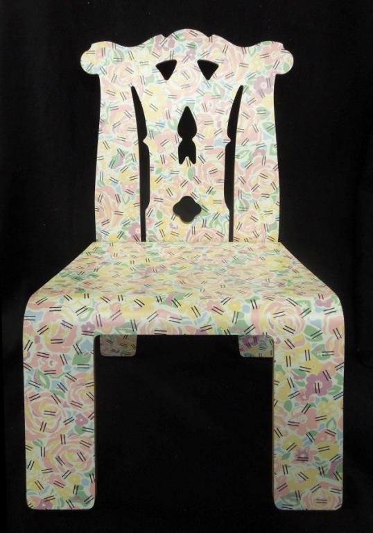 Robert Venturi Chippendale Chairs - 5: Robert Venturi Chippendale chairs, set of five. Decorated vinyl over laminated wood, in floral pastel motif, late 20th C. 23" w x 37" h x 21" d CONDITION: No issues identified.