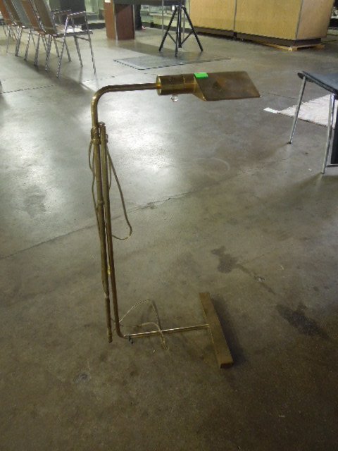 Pr Cedric Hartman Brass Floor Lamps: Pair of Cedric Hartman brass floor lamps, height adjustable, signed, c 1980. CONDITION: Height adjustment loose; sporadic areas of light tarnish on both lamps; one switch socket with single small dent